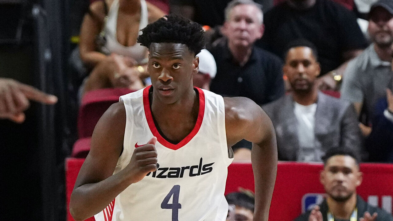 LAS VEGAS, NV - JULY 9: AJ Dybantsa #4 of the Washington Wizards looks on during the game against the Utah Jazz during the 2026 NBA Las Vegas Summer League on July 9, 2026 at the Thomas & Mack Center in Las Vegas, Nevada. Mandatory Copyright Notice: Copyright 2026 NBAE