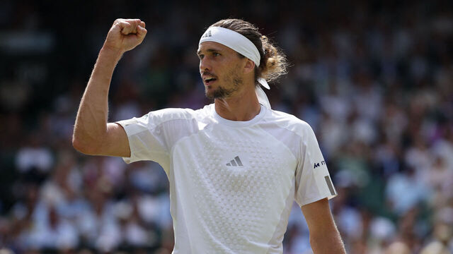 Germany's Alexander Zverev celebrates against Britain's Arthur Fery during their men's singles semi-final tennis match on the twelfth day of the 2026 Wimbledon Championships at The All England Lawn Tennis and Croquet Club in Wimbledon, southwest London, on July 10, 2026. / RESTRICTED TO EDITORIAL USE