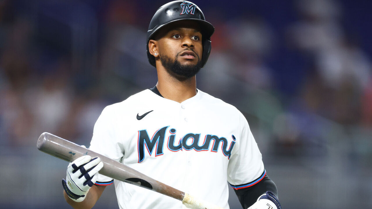 MIAMI, FLORIDA - JUNE 10: Otto Lopez #6 of the Miami Marlins looks on against the Arizona Diamondbacks in the fourth inning of the game at loanDepot park on June 10, 2026 in Miami, Florida.