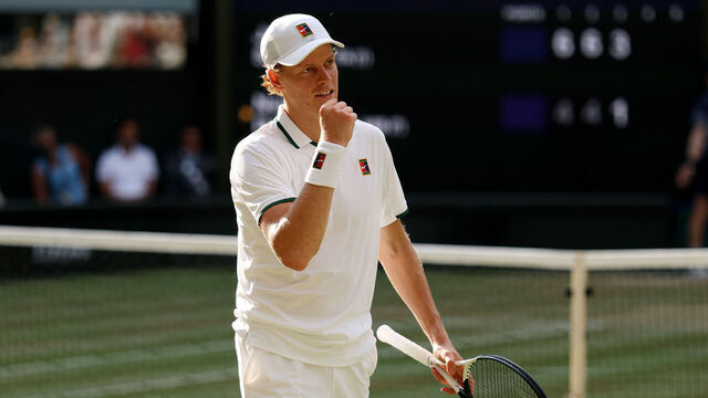 LONDON, ENGLAND - JULY 10: Jannik Sinner of Italy celebrates a point against Novak Djokovic of Serbia during their Gentlemen's Singles semifinal match on day twelve of The Championships Wimbledon 2026 at All England Lawn Tennis and Croquet Club on July 10, 2026 in London, England.