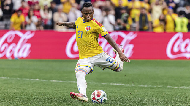 VANCOUVER, CANADA - JULY 7: Jaminton Campaz of Colombia attempts a kick during the penalty shootout at the FIFA World Cup 2026 Round Of 16 match between Switzerland and Colombia at BC Place Vancouver on July 7, 2026 in Vancouver, Canada.