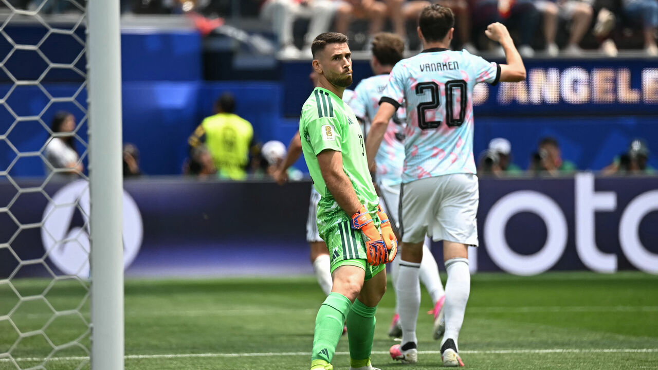 Spain's goalkeeper #23 Unai Simon reacts after Belgium's forward #17 Charles De Ketelaere (unseen) scores his team's first goal during the 2026 World Cup football tournament quarter-final match between Spain and Belgium at the Los Angeles Stadium in Inglewood on July 10, 2026.