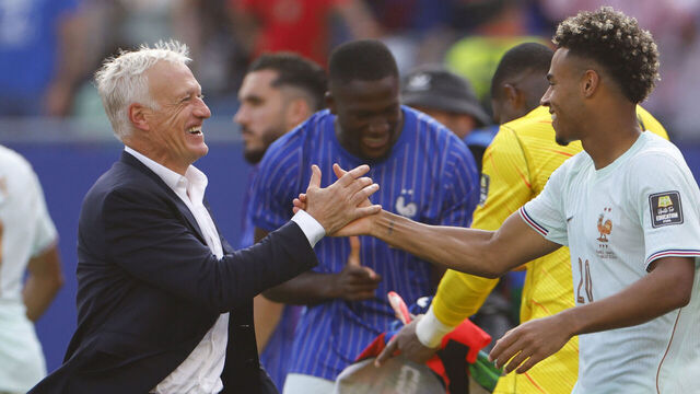 Foxborough, MA - July 9: France manager Didier Deschamps and midfielder Désiré Doué high five after a 2026 World Cup quarterfinal match against Morocco at Gillette Stadium on July 9, 2026.