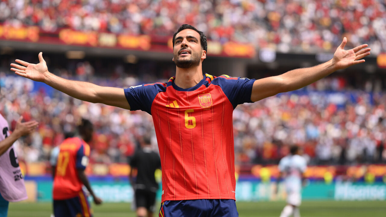 INGLEWOOD, CALIFORNIA - JULY 10: Mikel Merino #6 of Spain celebrates scoring his team's second goal during the FIFA World Cup 2026 Quarter Final match between Spain and Belgium at Los Angeles Stadium on July 10, 2026 in Inglewood, California.