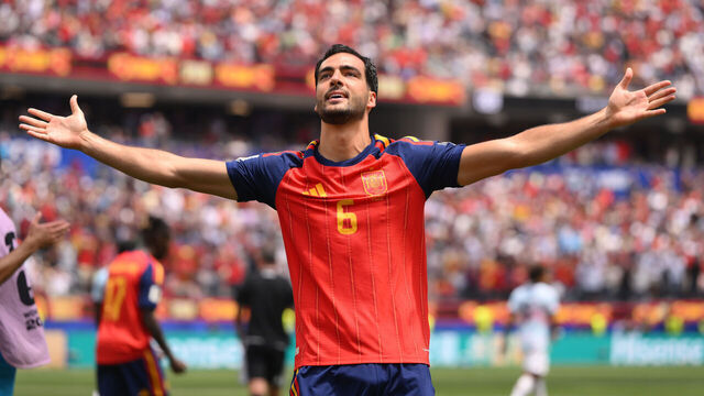 INGLEWOOD, CALIFORNIA - JULY 10: Mikel Merino #6 of Spain celebrates scoring his team's second goal during the FIFA World Cup 2026 Quarter Final match between Spain and Belgium at Los Angeles Stadium on July 10, 2026 in Inglewood, California.