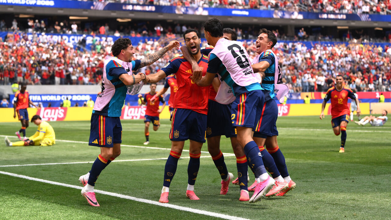INGLEWOOD, CALIFORNIA - JULY 10: Mikel Merino #6 of Spain celebrates with teammates after scoring the team's second goal during the FIFA World Cup 2026 Quarter Final match between Spain and Belgium at Los Angeles Stadium on July 10, 2026 in Inglewood, California.