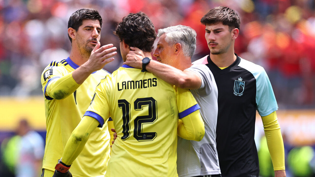 INGLEWOOD, CALIFORNIA - JULY 10: Thibaut Courtois of Belgium with Senne Lammens of Belgium and Mike Penders after the FIFA World Cup 2026 Quarter Final match between Spain and Belgium at Los Angeles Stadium on July 10, 2026 in Inglewood, California.