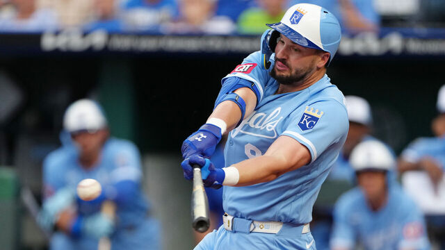 KANSAS CITY, MISSOURI - JUNE 13: Vinnie Pasquantino #9 of the Kansas City Royals hits an RBI single against the Houston Astros in the third inning at Kauffman Stadium on June 13, 2026 in Kansas City, Missouri.
