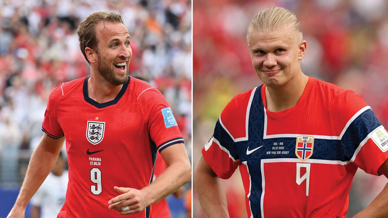 (COMBO) This combination of pictures created on July 10, 2026, shows England's forward #09 Harry Kane at the New York/New Jersey Stadium in East Rutherford on June 27, 2026; and Norway's forward #09 Erling Braut Haaland at the New York/New Jersey Stadium in East Rutherford on July 5, 2026. Norway and England will meet in a 2026 World Cup football tournament quarter-final match in Miami on July 11, 2026.
