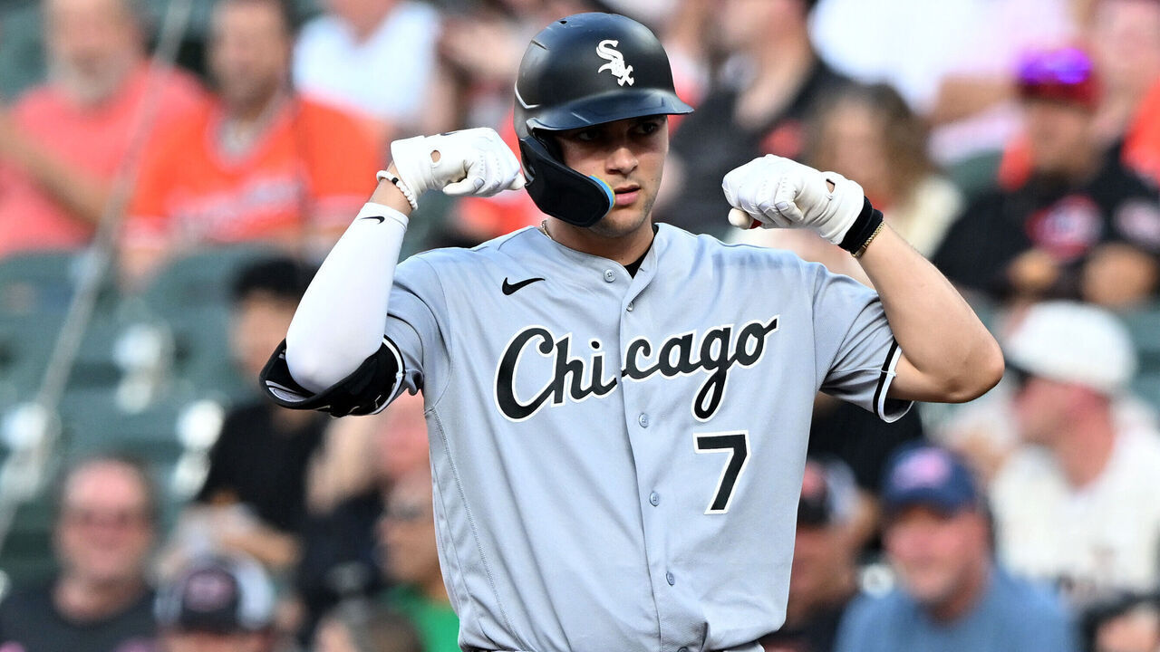 BALTIMORE, MARYLAND - JUNE 30: Jacob Gonzalez #7 of the Chicago White Sox celebrates after driving in two runs with a single in the third inning against the Baltimore Orioles at Oriole Park at Camden Yards on June 30, 2026 in Baltimore, Maryland.