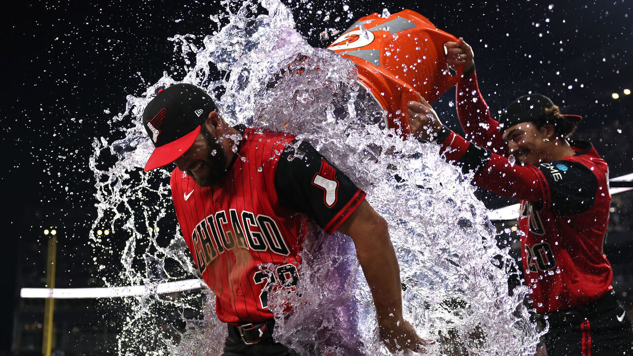 CHICAGO, ILLINOIS - JULY 10: Tristan Peters #29 of the Chicago White Sox is dunked after hitting for the cycle against the Athletics at Rate Field on July 10, 2026 in Chicago, Illinois.