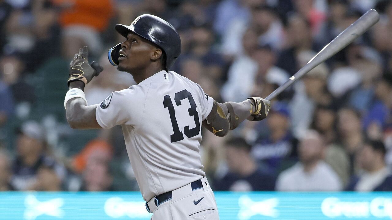 DETROIT, MI - JUNE 24: Jazz Chisholm Jr. #13 of the New York Yankees watches his fly ball for an out against the Detroit Tigers during the ninth inning at Comerica Park on June 24, 2026 in Detroit, Michigan.