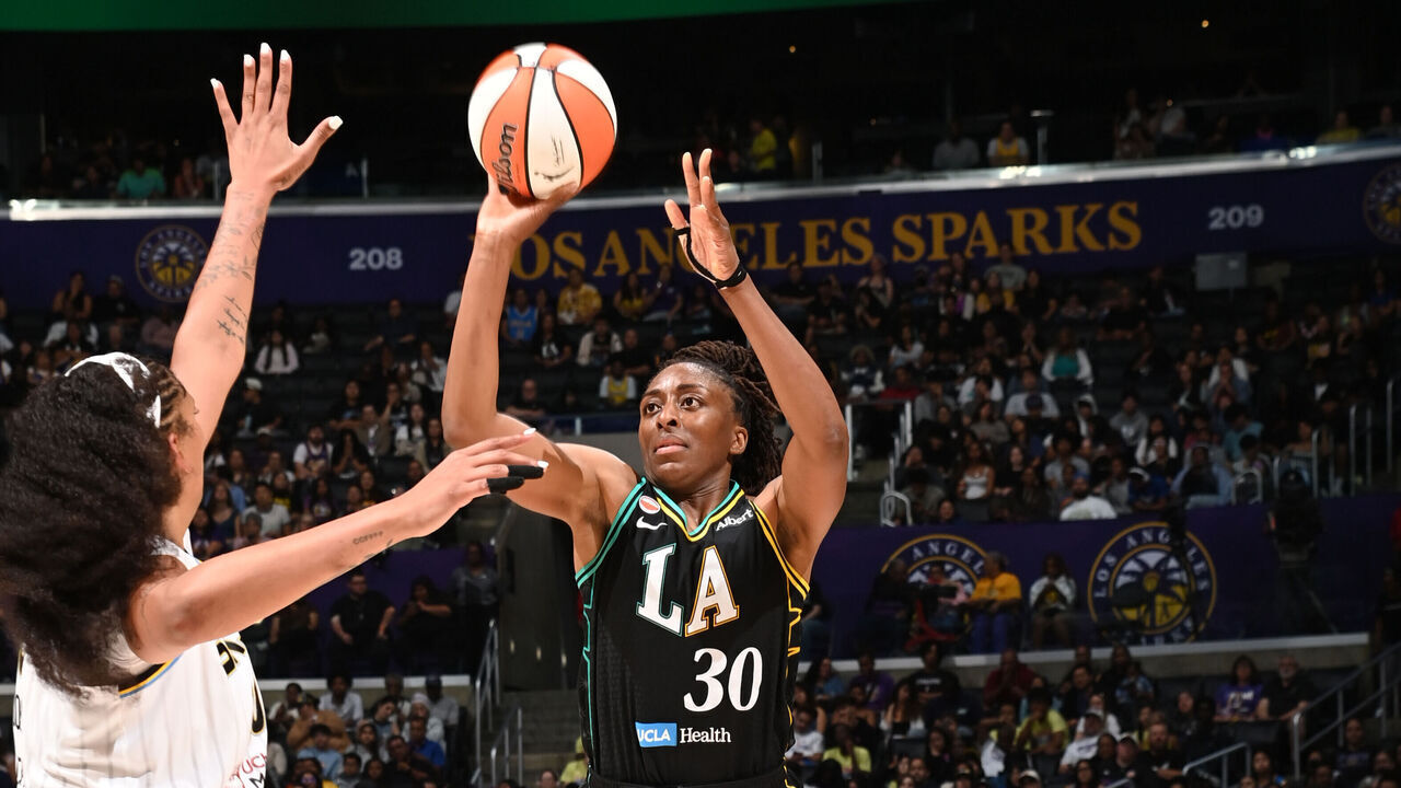 LOS ANGELES, CA - JULY 10: Nneka Ogwumike #30 of the Los Angeles Sparks shoots a three point basket during the game against the Chicago Sky on July 10, 2026 at Crypto.com Arena in Los Angeles, California. NOTE TO USER: User expressly acknowledges and agrees that, by downloading and/or using this Photograph, user is consenting to the terms and conditions of the Getty Images License Agreement. Mandatory Copyright Notice: Copyright 2026 NBAE