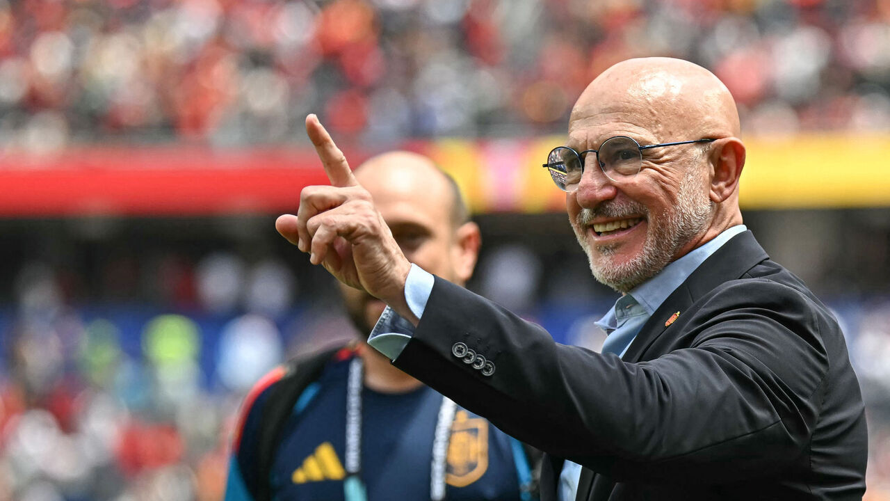 Spain's head coach Luis de la Fuente celebrates after winning the 2026 World Cup football tournament quarter-final match between Spain and Belgium at the Los Angeles Stadium in Inglewood on July 10, 2026.