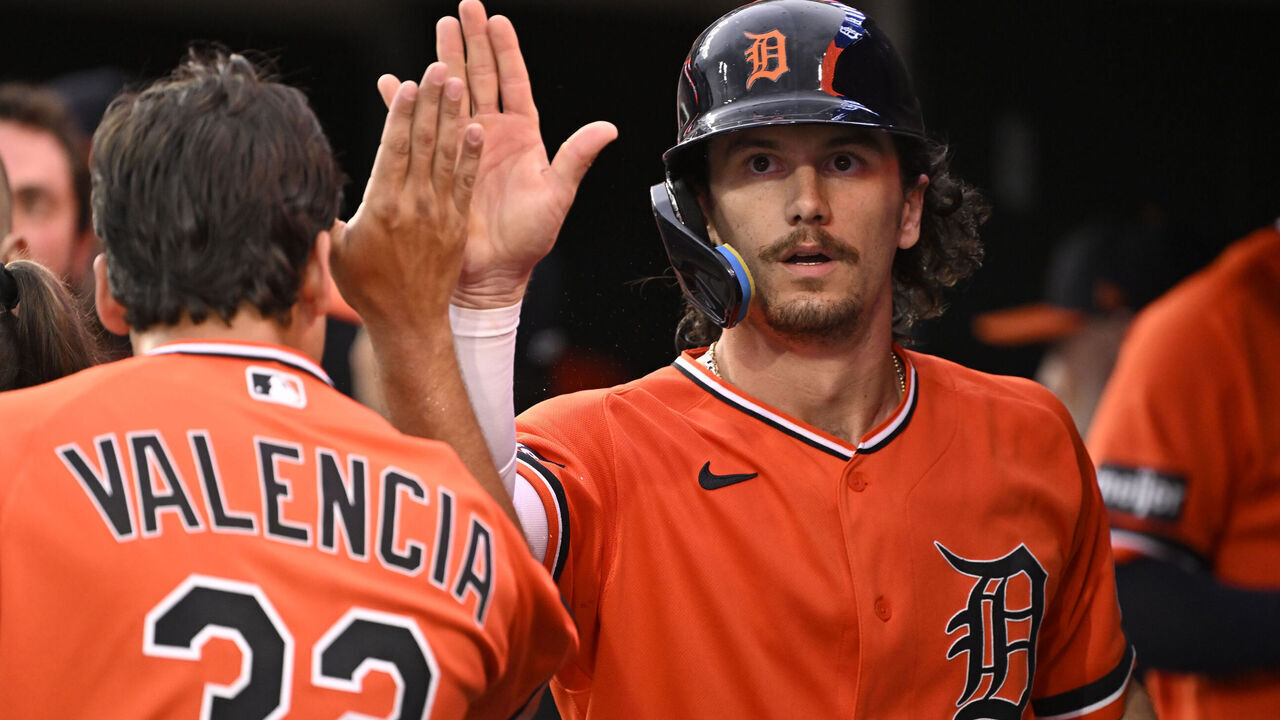 DETROIT, MI - JULY 10: Detroit Tigers James Outman (43) celebrates his run scored during game between Philadelphia Phillies and Detroit Tigers on July 10, 2026 at Comerica Park in Detroit, MI