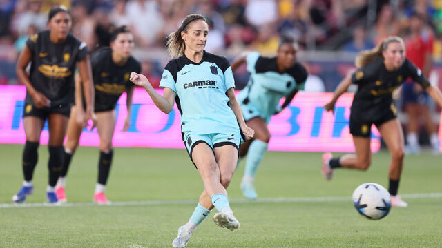 SANDY, UTAH - JULY 10: Esther Gonzalez #9 of NJ/NY Gotham FC takes a penalty kick and scores the team's first goal during the NWSL match between Utah Royals and NJ/NY Gotham FC at America First Field on July 10, 2026 in Sandy, Utah.