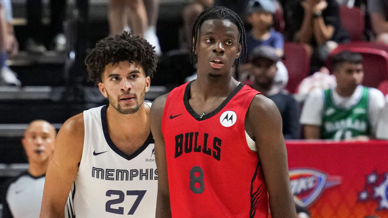 LAS VEGAS, NV - JULY 10: Cameron Boozer #27 of the Memphis Grizzlies and Caleb Wilson #8 of the Chicago Bulls look on during the 2026 NBA Summer League game on July 10, 2026 at the Thomas & Mack Center in Las Vegas, Nevada. Mandatory Copyright Notice: Copyright 2026 NBAE