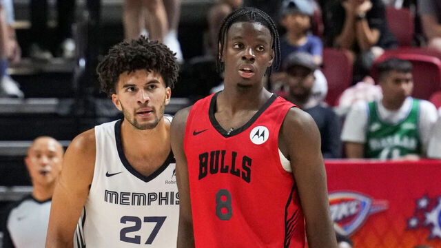 LAS VEGAS, NV - JULY 10: Cameron Boozer #27 of the Memphis Grizzlies and Caleb Wilson #8 of the Chicago Bulls look on during the 2026 NBA Summer League game on July 10, 2026 at the Thomas & Mack Center in Las Vegas, Nevada. Mandatory Copyright Notice: Copyright 2026 NBAE