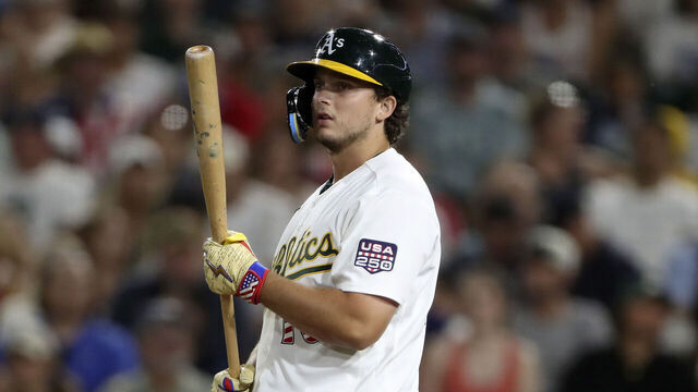 SACRAMENTO, CALIFORNIA - JULY 04: Nick Kurtz #16 of the Athletics looks on during the eighth inning against the Miami Marlins at Sutter Health Park on July 04, 2026 in Sacramento, California.