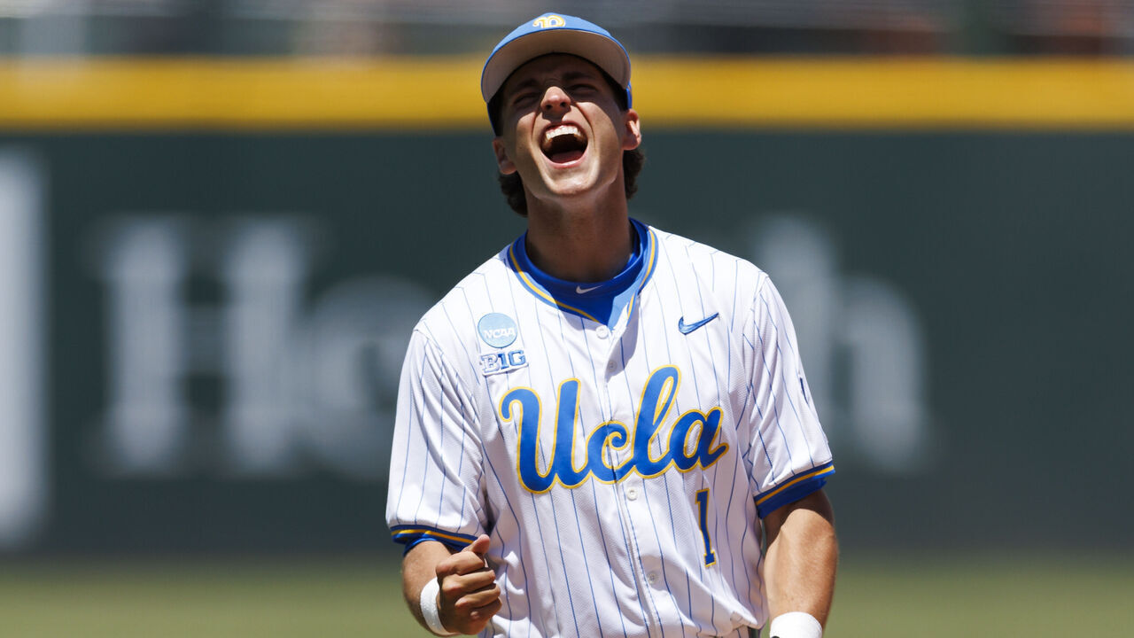 LOS ANGELES, CALIFORNIA - MAY 29: Roch Cholowsky #1 of the UCLA Bruins celebrates during the game against St. Mary's Gaels at Jackie Robinson Stadium on May 29, 2026 in Los Angeles, California.