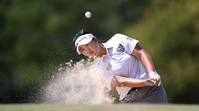 EVIAN-LES-BAINS, FRANCE - JULY 11: Haeran Ryu of South Korea plays a shot from a bunker on the 15th hole during the third round of The Amundi Evian Championship 2026 at Evian Resort Golf Club on July 11, 2026 in Evian-les-Bains, France.