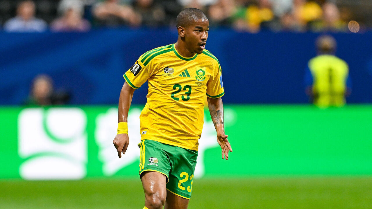 ATLANTA, GA - JUNE 18: Jayden Adams #23 of South Africa looks to pass during the FIFA World Cup 2026 Group A match between Czechia and South Africa on June 18th, 2026 at Atlanta Stadium in Atlanta, GA.