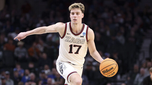 PORTLAND, OREGON - MARCH 19: Mario Saint-Supery #17 of the Gonzaga Bulldogs handles the ball against the Kennesaw State Owls during the first round of the 2026 NCAA Men's Basketball Tournament held at Moda Center on March 19, 2026 in Portland, Oregon.