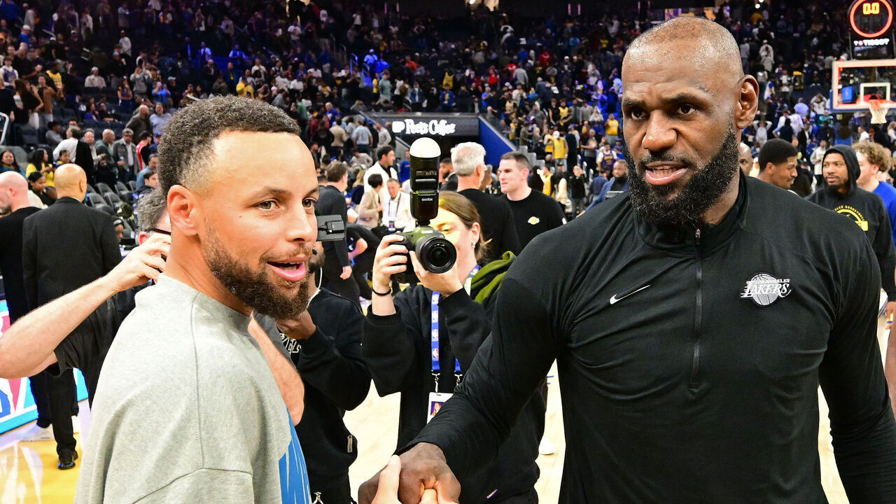 SAN FRANCISCO, CA - APRIL 9: LeBron James #23 of the Los Angeles Lakers and Stephen Curry #30 of the Golden State Warriors high five after the game on April 9, 2026 at Chase Center in San Francisco, California. NOTE TO USER: User expressly acknowledges and agrees that, by downloading and or using this photograph, user is consenting to the terms and conditions of Getty Images License Agreement. Mandatory Copyright Notice: Copyright 2026 NBAE
