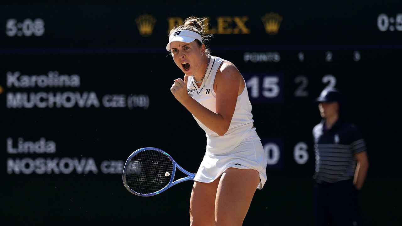 LONDON, ENGLAND - JULY 11: Linda Noskova of Czechia celebrates a point against Karolina Muchova of Czechia during their Ladies' Singles final match on day thirteen of The Championships Wimbledon 2026 at All England Lawn Tennis and Croquet Club on July 11, 2026 in London, England.