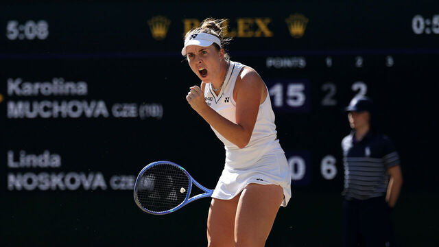 LONDON, ENGLAND - JULY 11: Linda Noskova of Czechia celebrates a point against Karolina Muchova of Czechia during their Ladies' Singles final match on day thirteen of The Championships Wimbledon 2026 at All England Lawn Tennis and Croquet Club on July 11, 2026 in London, England.