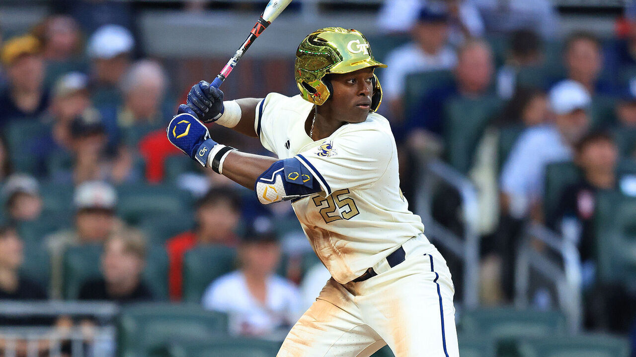ATLANTA, GA - APRIL 21: Vahn Lackey (25) of the Georgia Tech Yellow Jackets bats during the Tuesday evening men's college baseball game between the Georgia Bulldogs and the Georgia Tech Yellow Jackets on April 21, 2026 at Truist Park in Atlanta, GA.