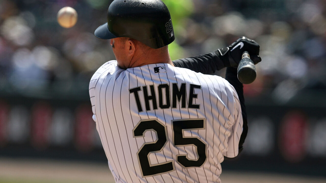 CHICAGO - APRIL 09: Jim Thome #25 of the Chicago White Sox fouls off a pitch in the bottom of the first inning against the Kansas City Roayls at U.S. Cellular Field on April 9, 2009 in Chicago, Illinois.