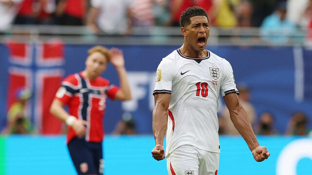 MIAMI GARDENS, FLORIDA - JULY 11: Jude Bellingham of England celebrates after scoring his team's first goal during the FIFA World Cup 2026 Quarter Final match between Norway and England at Miami Stadium on July 11, 2026 in Miami Gardens, Florida.