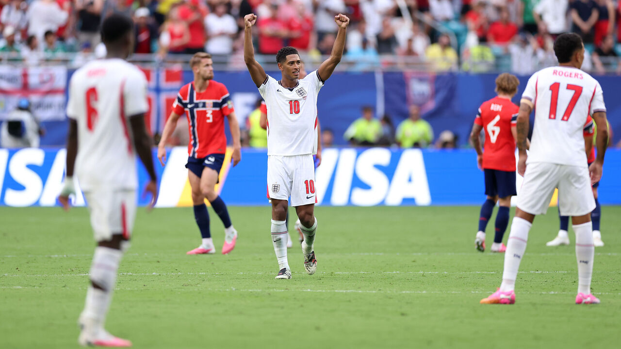 MIAMI GARDENS, FLORIDA - JULY 11: Jude Bellingham #10 of England celebrates scoring his team's second goal during the FIFA World Cup 2026 Quarter Final match between Norway and England at Miami Stadium on July 11, 2026 in Miami Gardens, Florida.