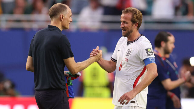 MIAMI GARDENS, FLORIDA - JULY 11: Thomas Tuchel Manager / Head Coach of England and Harry Kane celebrate during the FIFA World Cup 2026 Quarter Final match between Norway and England at Miami Stadium on July 11, 2026 in Miami Gardens, Florida.