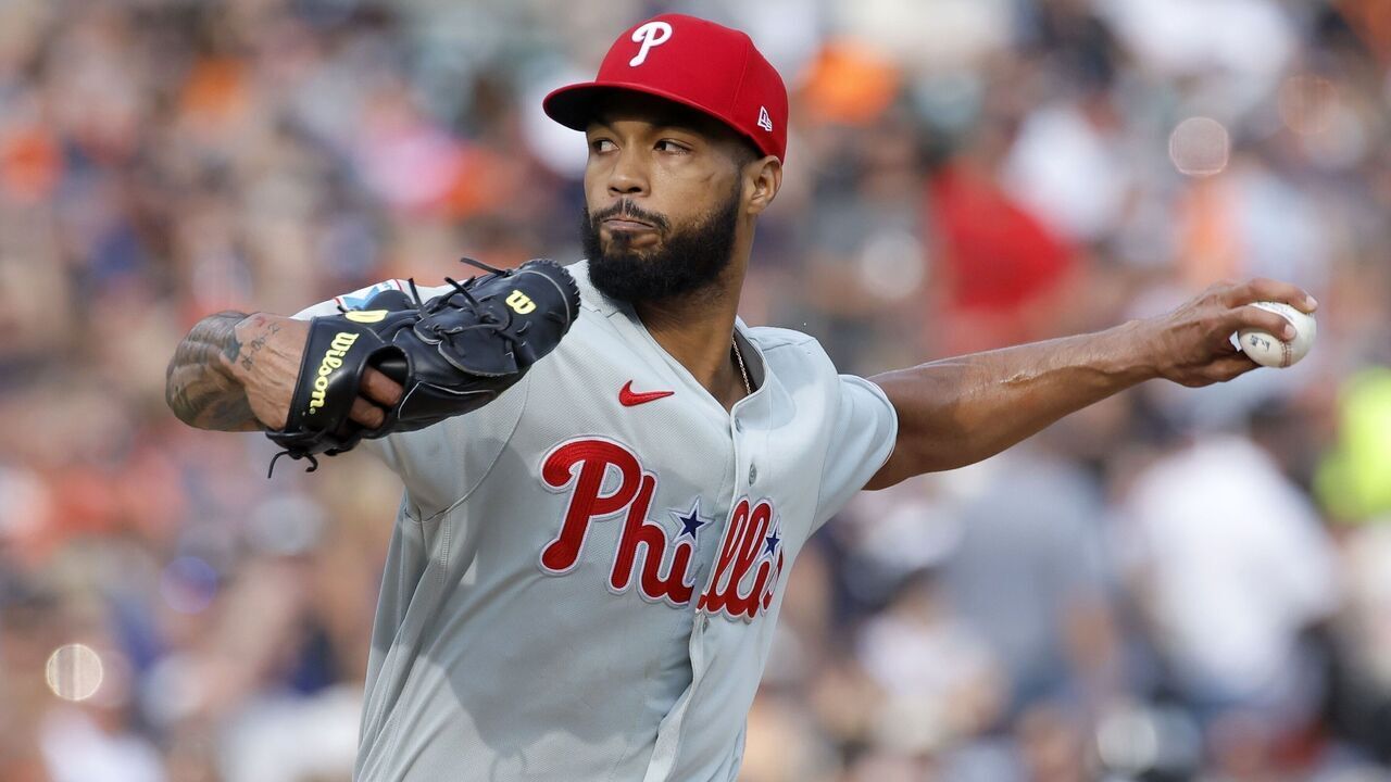 DETROIT, MI - JULY 11: Cristopher Sanchez #61 of the Philadelphia Phillies pitches against the Detroit Tigers during the second inning at Comerica Park on July 11, 2026 in Detroit, Michigan.