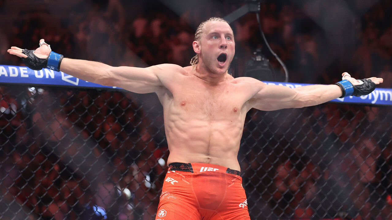 LAS VEGAS, NEVADA - JULY 11: Paddy Pimblett of England celebrates after forcing Benoit Saint-Denis of France to submit in the first round in their lightweight bout during UFC 329 at T-Mobile Arena on July 11, 2026 in Las Vegas, Nevada.