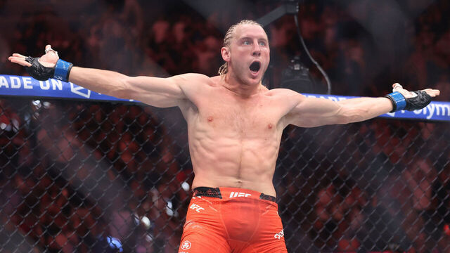 LAS VEGAS, NEVADA - JULY 11: Paddy Pimblett of England celebrates after forcing Benoit Saint-Denis of France to submit in the first round in their lightweight bout during UFC 329 at T-Mobile Arena on July 11, 2026 in Las Vegas, Nevada.