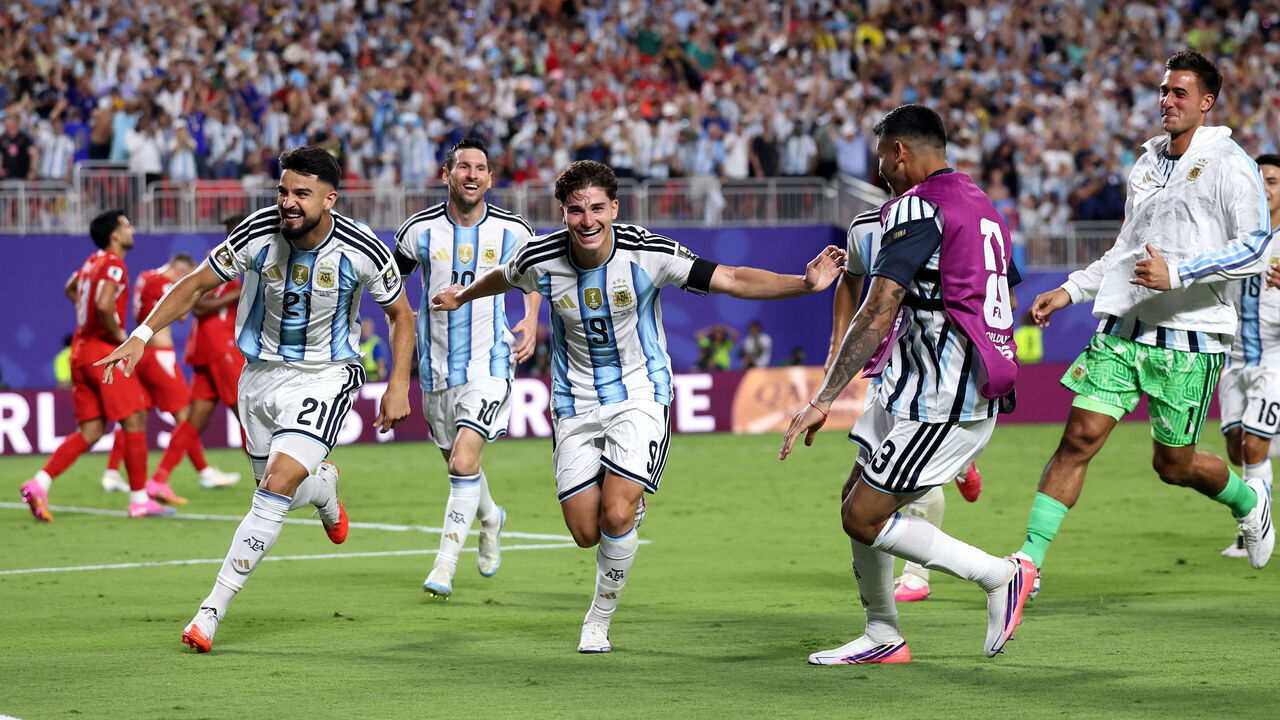 KANSAS CITY, MISSOURI - JULY 11: Julian Alvarez #9 of Argentina celebrates with teammates after scoring his team's second goal during the FIFA World Cup 2026 Quarter Final match between Argentina and Switzerland at Kansas City Stadium on July 11, 2026 in Kansas City, Missouri.