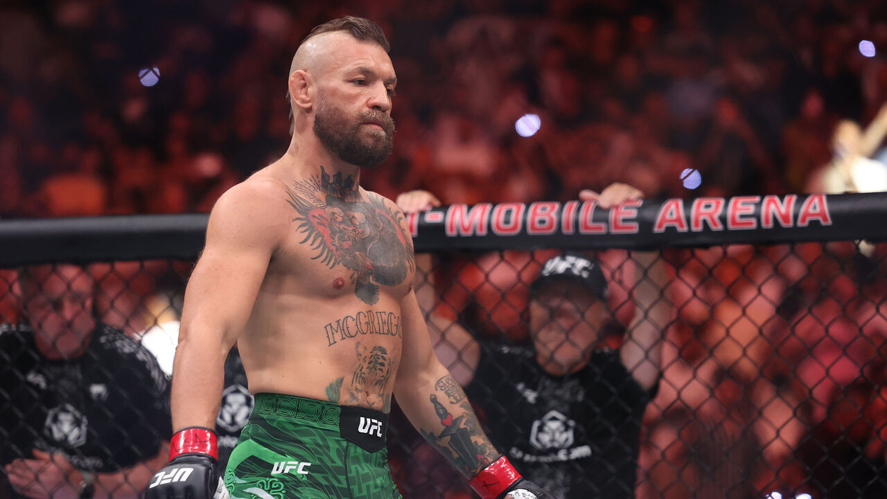 LAS VEGAS, NEVADA - JULY 11: Conor McGregor of Ireland participates in the walkout prior to facing Max Holloway of the United States in their welterweight bout during UFC 329 at T-Mobile Arena on July 11, 2026 in Las Vegas, Nevada.