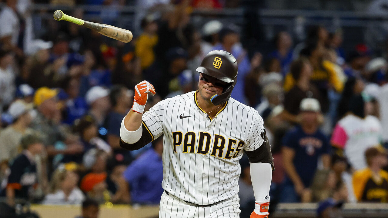 San Diego, California - July 11: Ty France #25 of the San Diego Padres flips his bat after a home run against the Toronto Blue Jays during the sixth inning at Petco Park on Saturday, July 11, 2026 in San Diego, California.