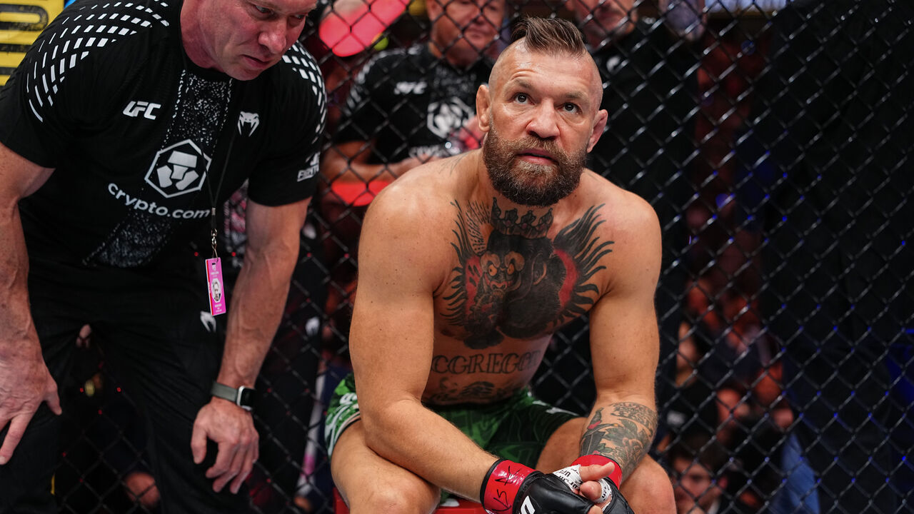 LAS VEGAS, NEVADA - JULY 11: Conor McGregor of Ireland reacts to his injury stoppage in a welterweight fight during the UFC 329 event at T-Mobile Arena on July 11, 2026 in Las Vegas, Nevada.