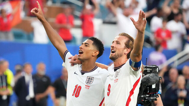 MIAMI GARDENS, FLORIDA - JULY 11: Jude Bellingham #10, Harry Kane #9 of England celebrate the victory following during the FIFA World Cup 2026 Quarter Final match between Norway and England at Miami Stadium on July 11, 2026 in Miami Gardens, Florida.