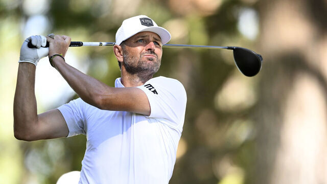 STATELINE, NEVADA - JULY 11: Mardy Fish plays his shot from the second tee box during the second round of the American Century Championship 2026 at Edgewood Tahoe Golf Course on July 11, 2026 in Stateline, Nevada.