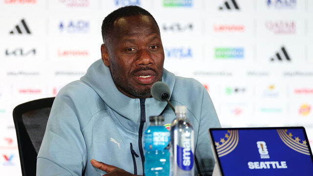 SEATTLE, WASHINGTON - JULY 01: Pape Thiaw, Head Coach of Senegal, speaks to the media in a post match press conference after the FIFA World Cup 2026 Round Of 32 match between Belgium and Senegal at Seattle Stadium on July 01, 2026 in Seattle, Washington.