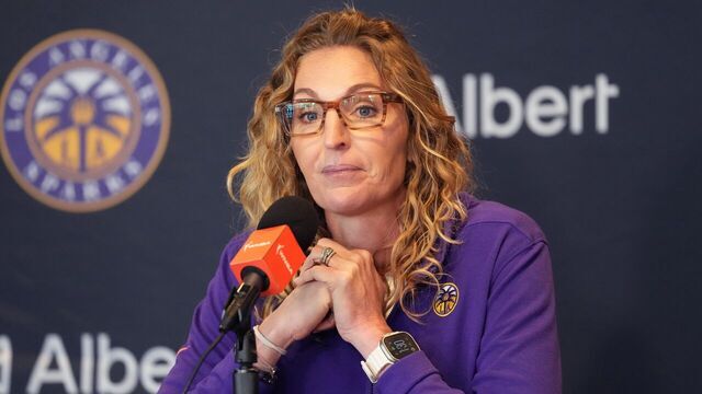 LOS ANGELES, CALIFORNIA - MAY 13: LA Sparks general manager Raegan Pebley during press conference at the Crypto.com Arena on May 13, 2025 in Los Angeles, California.