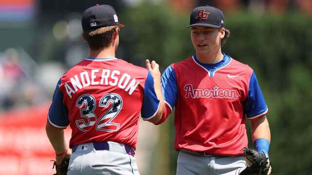 PHILADELPHIA, PENNSYLVANIA - JULY 12: Kade Anderson #32 of the Seattle Mariners on the American League Team and Nathan Flewelling #20 of the Tampa Bay Rays on the American League Team embrace before the 2026 MLB Futures Game at Citizens Bank Park on July 12, 2026 in Philadelphia, Pennsylvania.