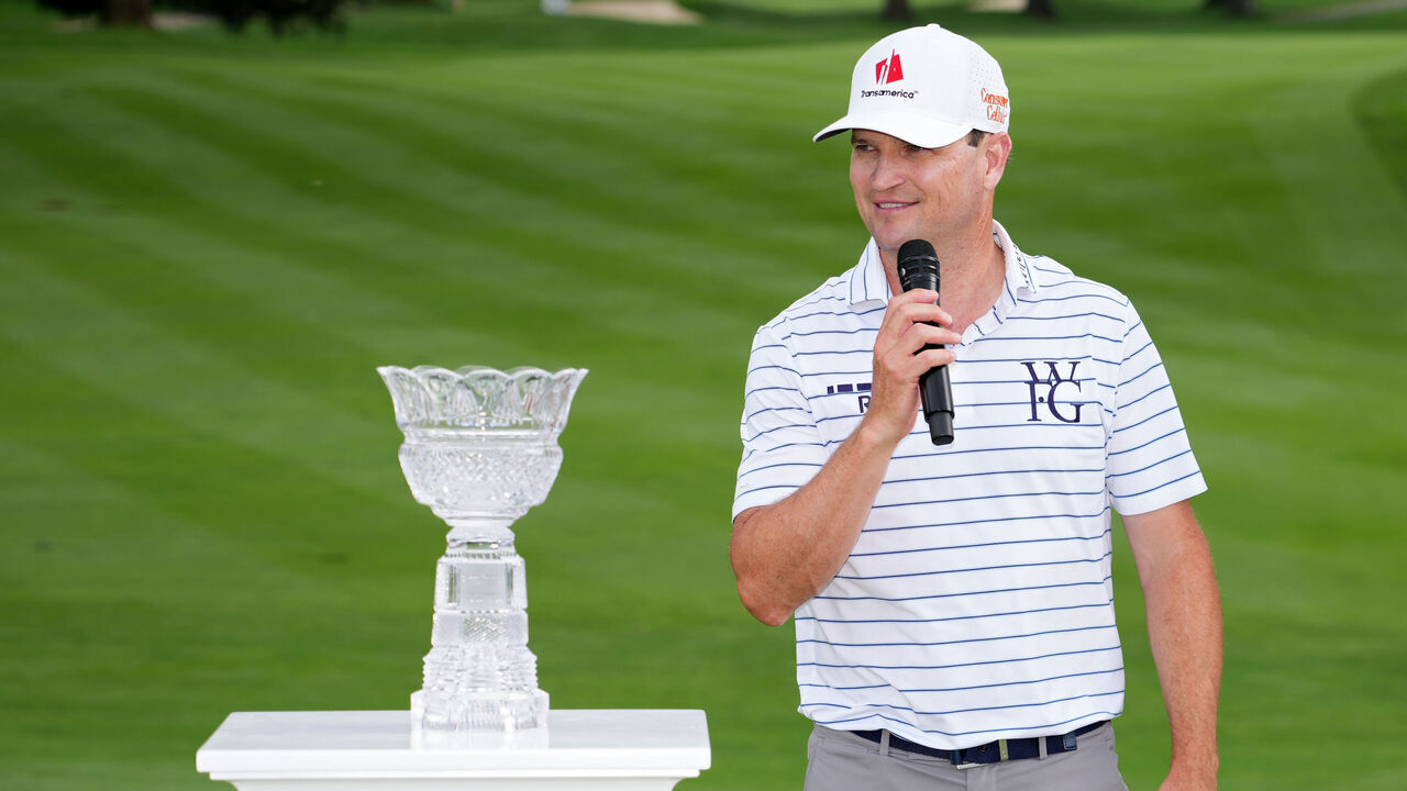 AKRON, OHIO - JULY 12: Zach Johnson of the United States speaks to the crowd during the trophy ceremony after winning the Kaulig Companies Championship 2026 at Firestone Country Club on July 12, 2026 in Akron, Ohio.