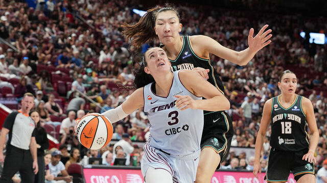 MONTREAL, CANADA. - JULY 12: Marina Mabrey #3 of the Toronto Tempo drives to the basket during the game against the New York Liberty on July 12, 2026 at Bell Centre in Montreal, Canada. Mandatory Copyright Notice: Copyright 2026 NBAE
