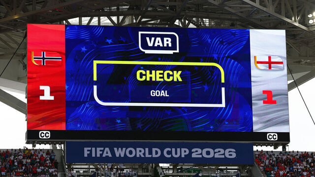 MIAMI GARDENS, FLORIDA - JULY 11: The scoreboard shows A VAR decision during the FIFA World Cup 2026 Quarter Final match between Norway and England at Miami Stadium on July 11, 2026 in Miami Gardens, Florida.